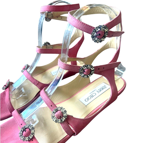 Jimmy Choo 6 Naia Crystal Buckle Sandals Suede Gladiator Flats Flamingo Pink 36 - Picture 5 of 10